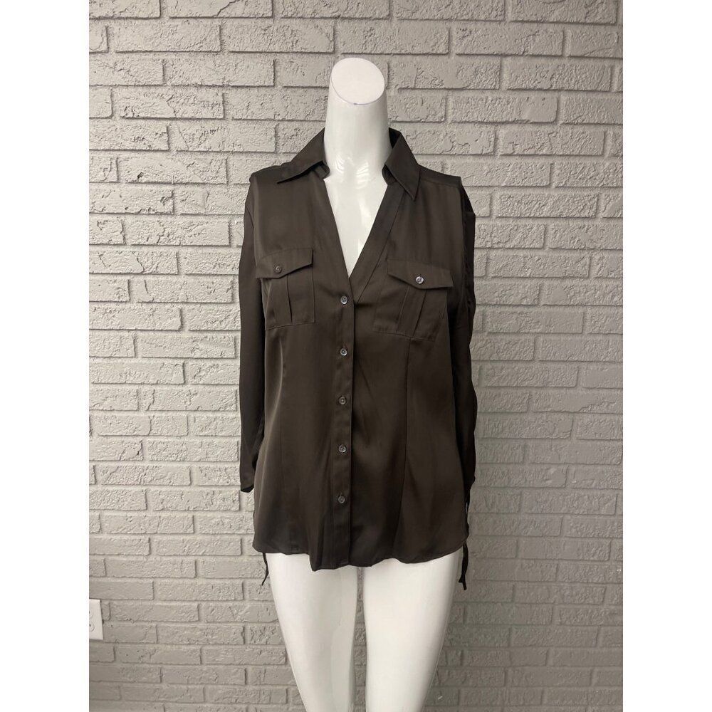 Ann Taylor Women Green Drawstring Long Sleeve Button Up Shirt Size 6